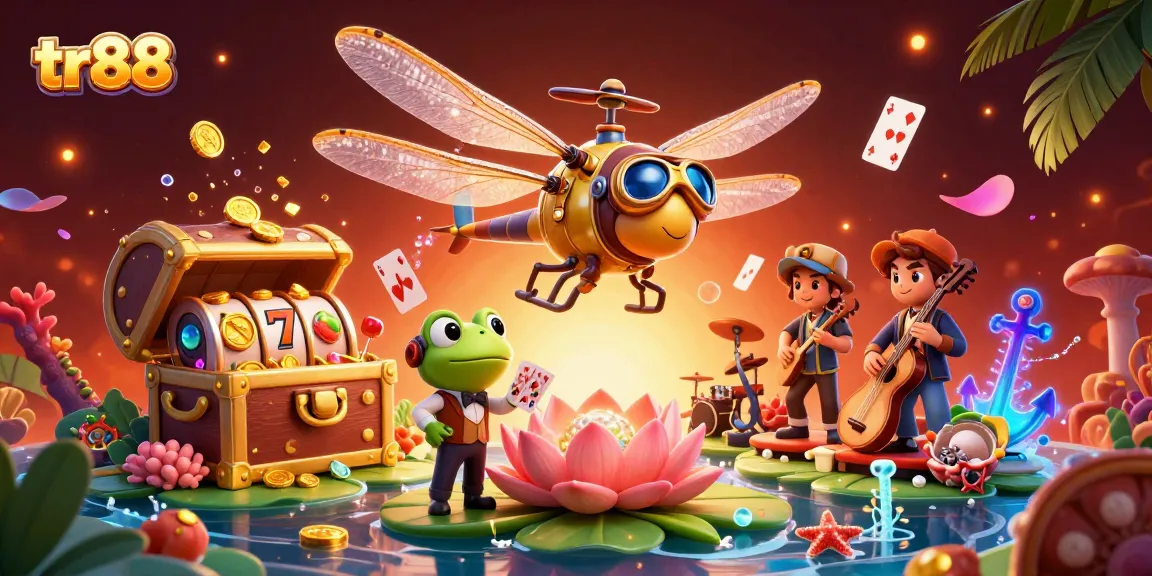 Engage with tr88's thrilling casino adventures featuring lively characters amidst a vibrant slot game scene.