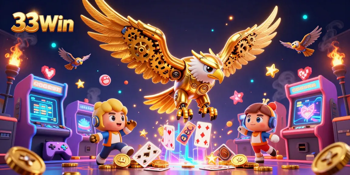 In a stunning 3D scene, the 33Win golden eagle soars amidst holographic cards, showcasing vibrant gaming elements.