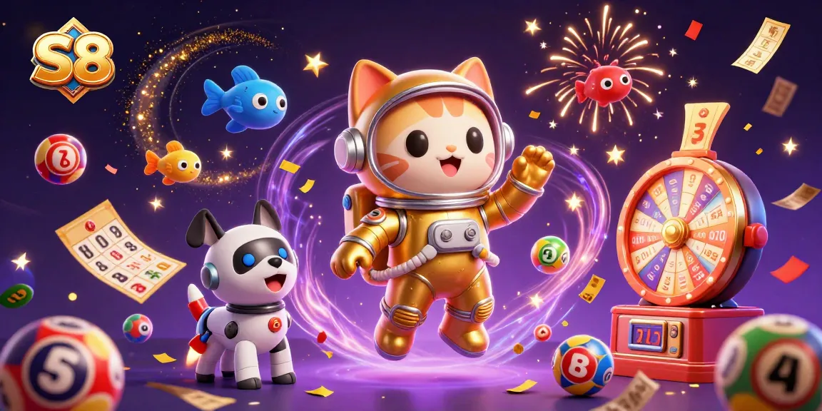 S8 showcases a lively casino scene with dynamic lottery elements and characters celebrating winning.
