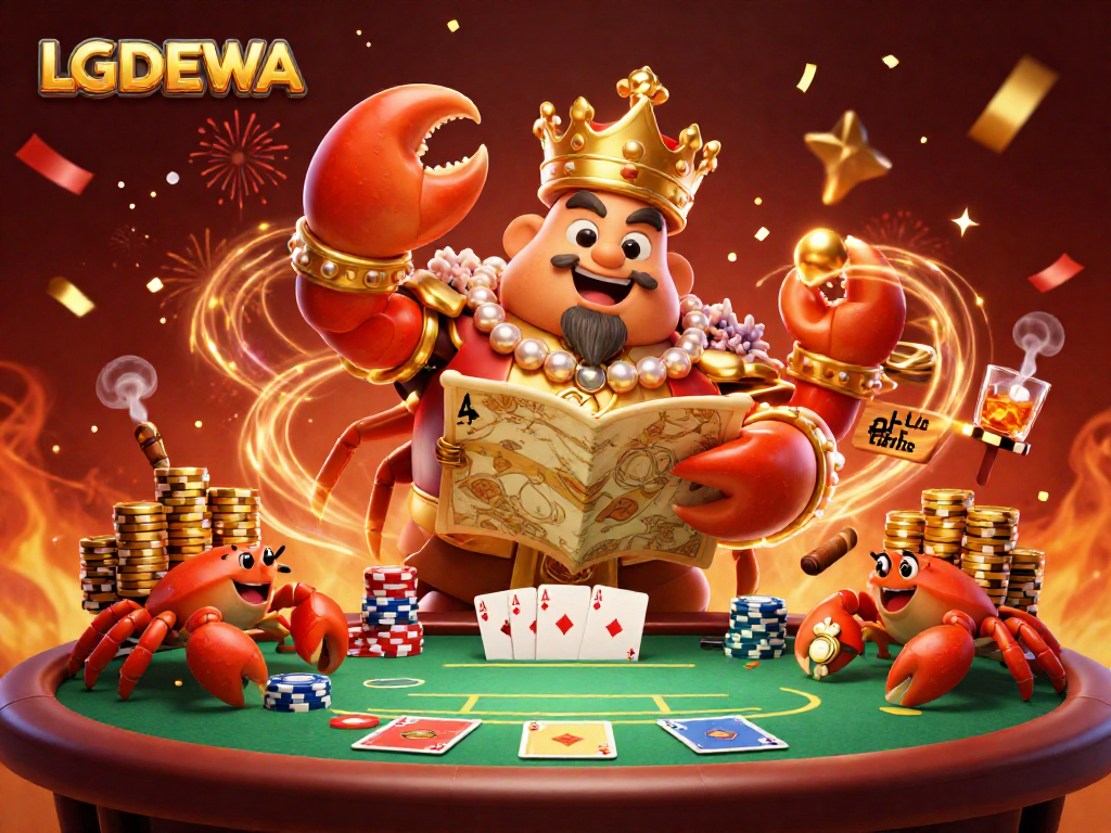 LGODEWA showcases a golden crab emperor among vibrant poker elements celebrating a casino victory.