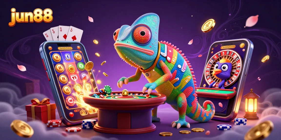 Engage in winning strategies at jun88's dynamic casino scene featuring a colorful chameleon and magical elements.