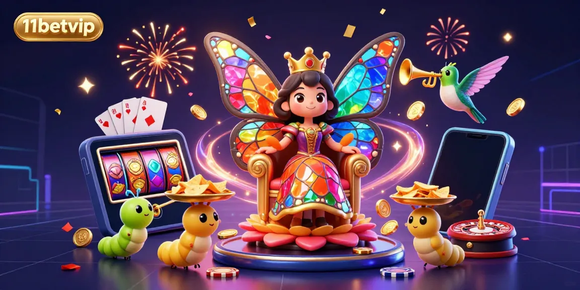 Experience the vibrant world of 11betvip with a butterfly queen surrounded by gaming elements and celebratory visuals.