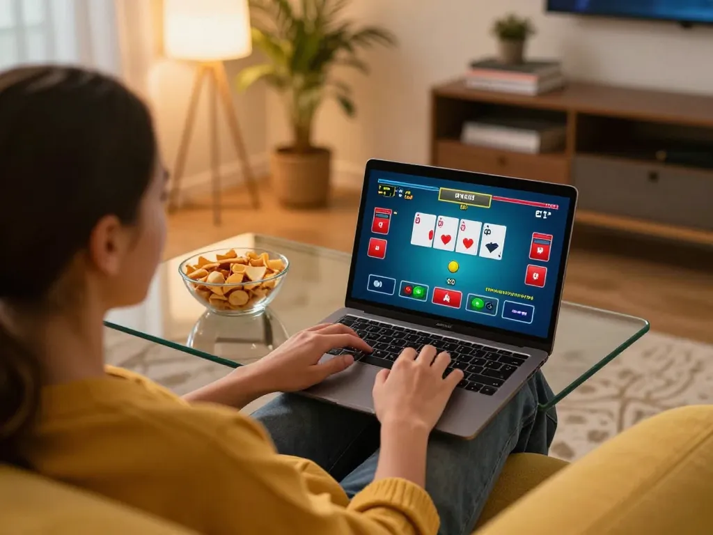 Enjoying online poker at home with 79king app on a laptop while snacking.