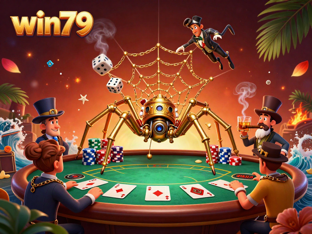 Experience win79 with a whimsical steampunk spider catching dice in a golden web among poker elements.