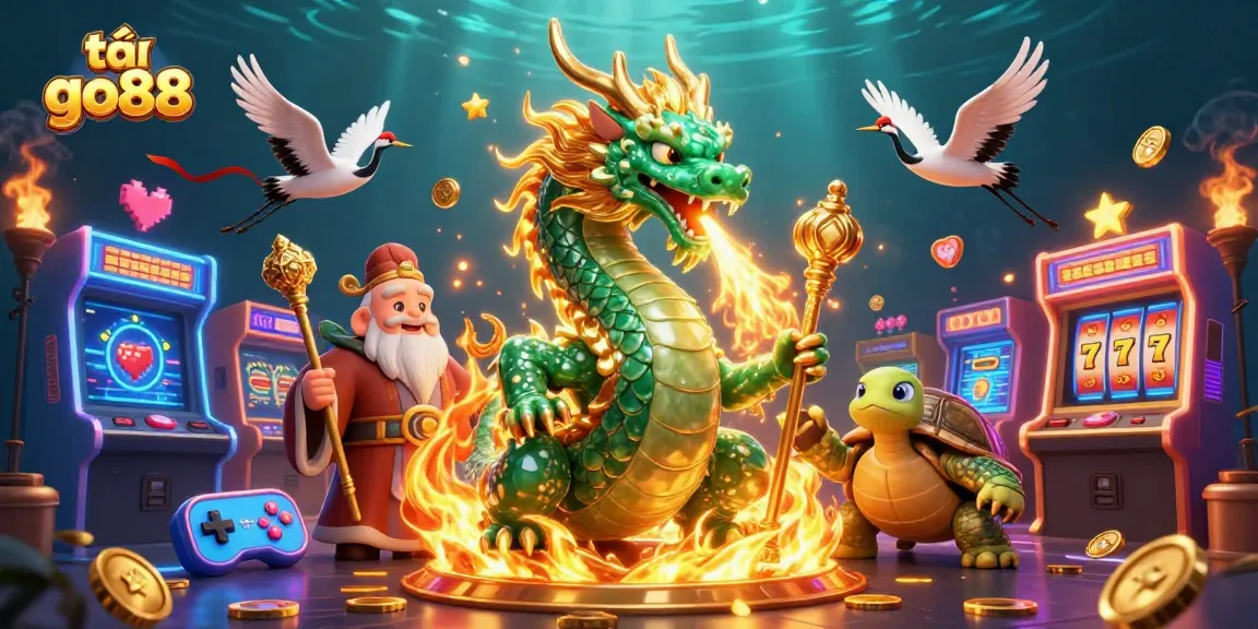 Engage with the vibrant scene showcasing tải go88 with an emerald dragon, a turtle sage, and lucky cranes amid casino-themed elements.