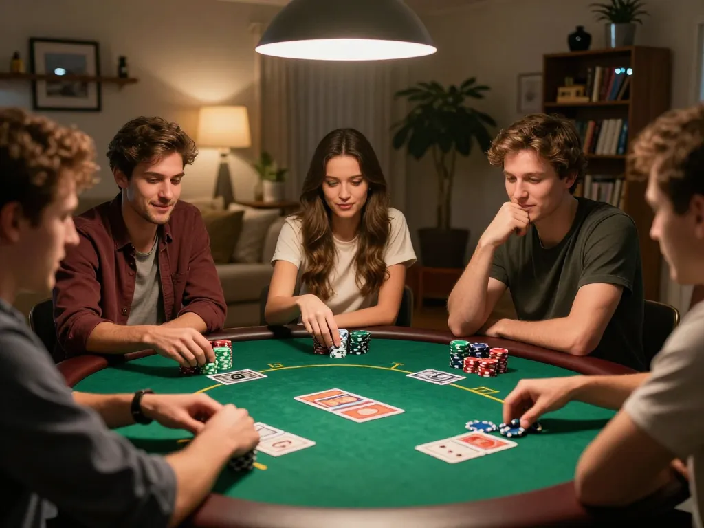 DAGA88 poker night with friends engaged in a strategic Texas Hold'em game, warm home ambiance.