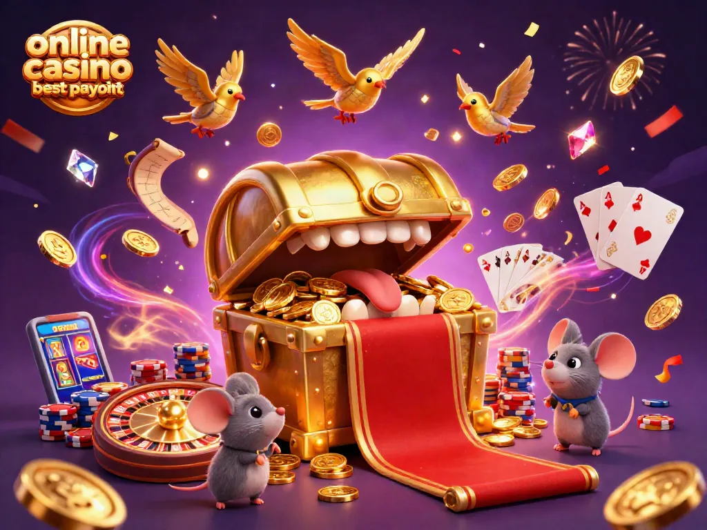 Engage with the online casino best payout scene, featuring winning adventurer mice and treasure.