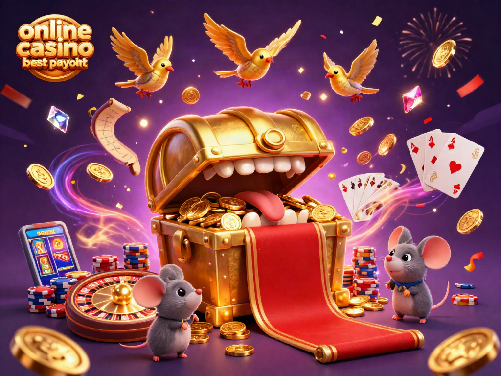 Engage with the online casino best payout scene, featuring winning adventurer mice and treasure.
