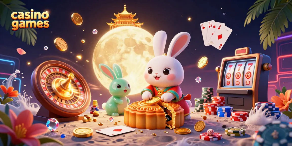 Engage in exciting casino games illustrated by a moon rabbit with poker chips and dynamic elements.