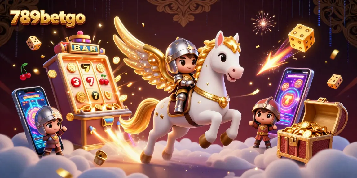 Experience the excitement of 789betgo with a celestial horse and slot machine jackpot explosion in a vibrant casino scene.