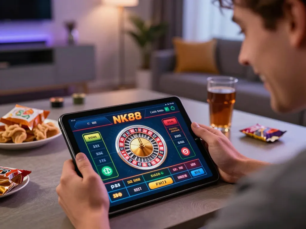 Experience thrilling gameplay at NK88 with a player enjoying live roulette on a tablet in a cozy home setting