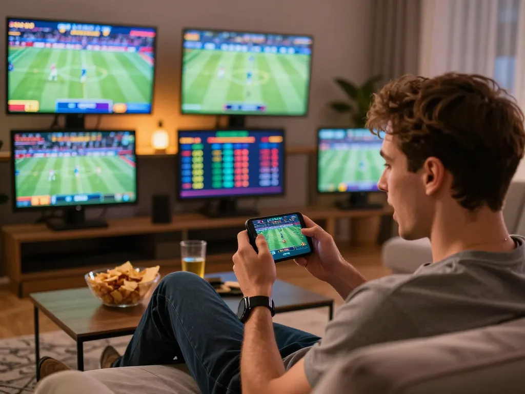 Puntatore impegnato che utilizza lo smartphone per siti scommesse non AAMS mentre guarda sport dal vivo, atmosfera vibrante in casa.