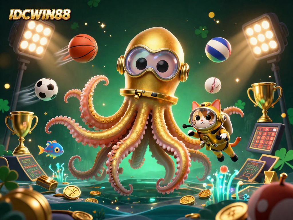 Experience thrilling wins at IDCWIN88 with a spectacular 3D casino scene featuring a kraken, diving cat, and dynamic sports elements.