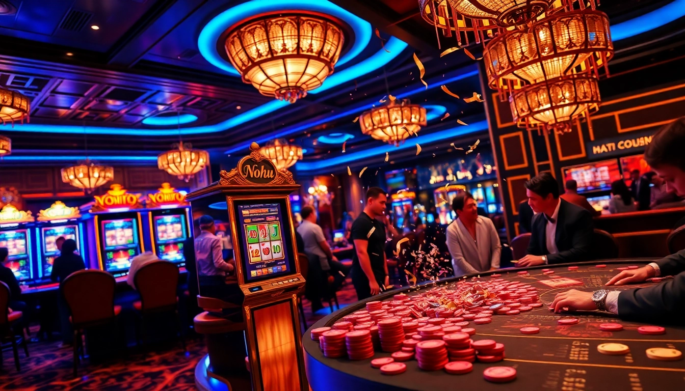 Nohu slot machine in an exciting casino scene with players celebrating a jackpot win.