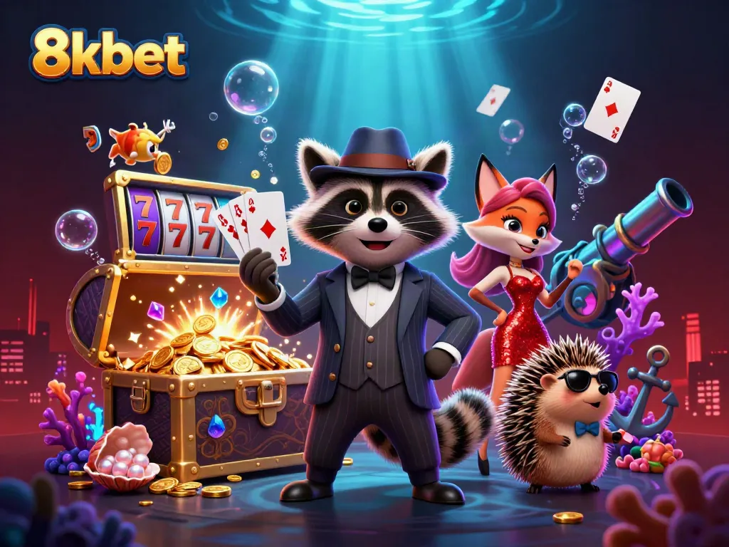 8xbet promotion displaying animated gambling action with a raccoon, fox, and hedgehog in a lively casino scene.