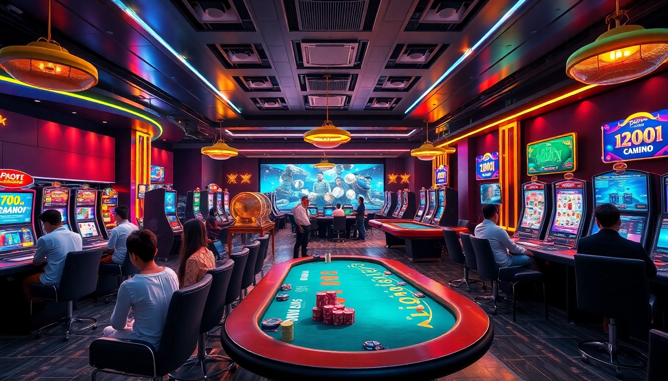 nhả cái mmoo showcases a luxurious online casino atmosphere with vibrant lighting and diverse players enjoying games.