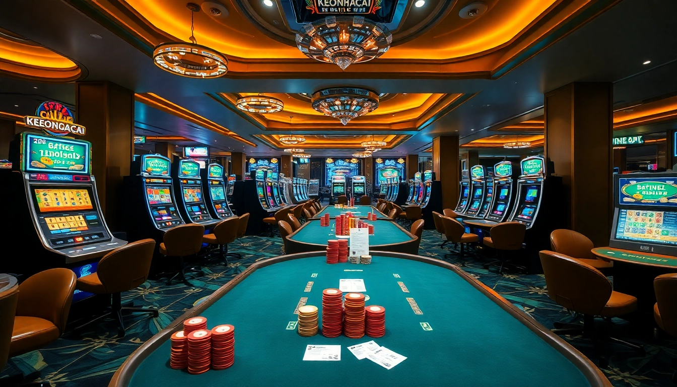 Experience Keonhacai betting excitement with vibrant casino tables and colorful poker chips.