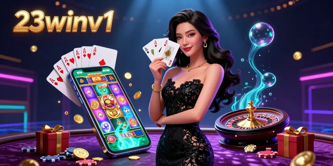 Experience the excitement of 23winv1 casino with a glamorous Asian woman playing cards in a luxurious setting.