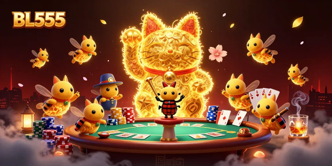 Experience thrilling wins with BL555 through vibrant casino elements and a lucky cat illustration