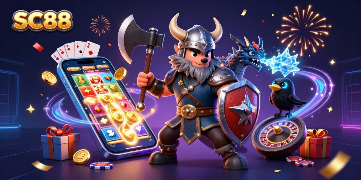 Experience the thrill of gaming with SC88, featuring a Viking wolf warrior, dragon, and vibrant casino elements.