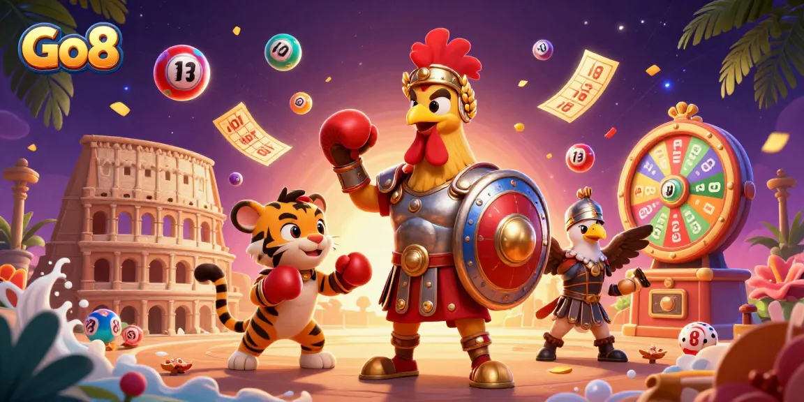 Engage with Go8's exciting casino sports theme, featuring a dynamic 3D illustration of a rooster gladiator in action.
