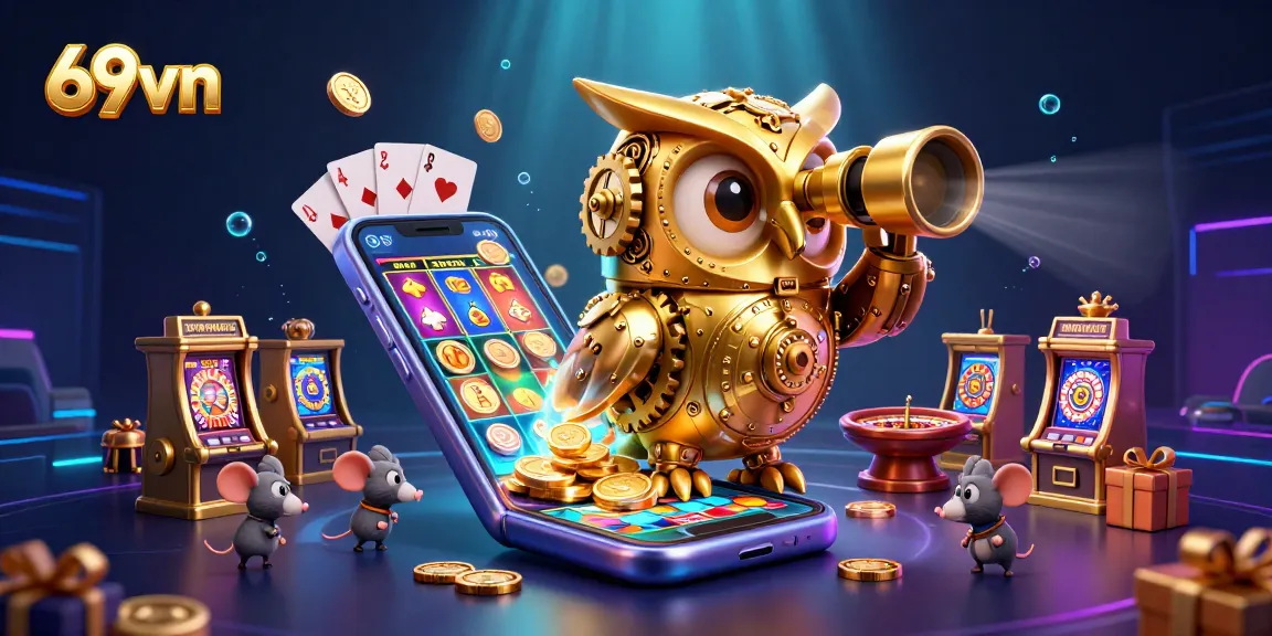 Engage in thrilling casino action with 69vn, featuring vibrant 3D illustrations of an owl, slots, and gaming excitement.