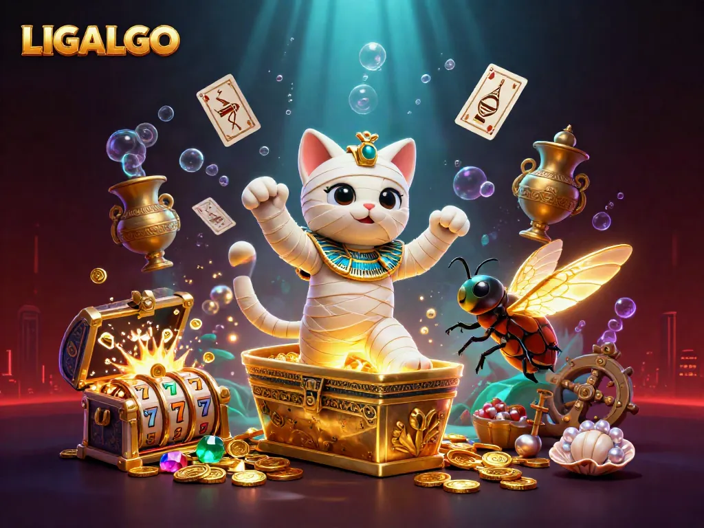 LIGALGO showcases a vibrant casino scene with a mummy cat and gold coins exploding from treasure chests.