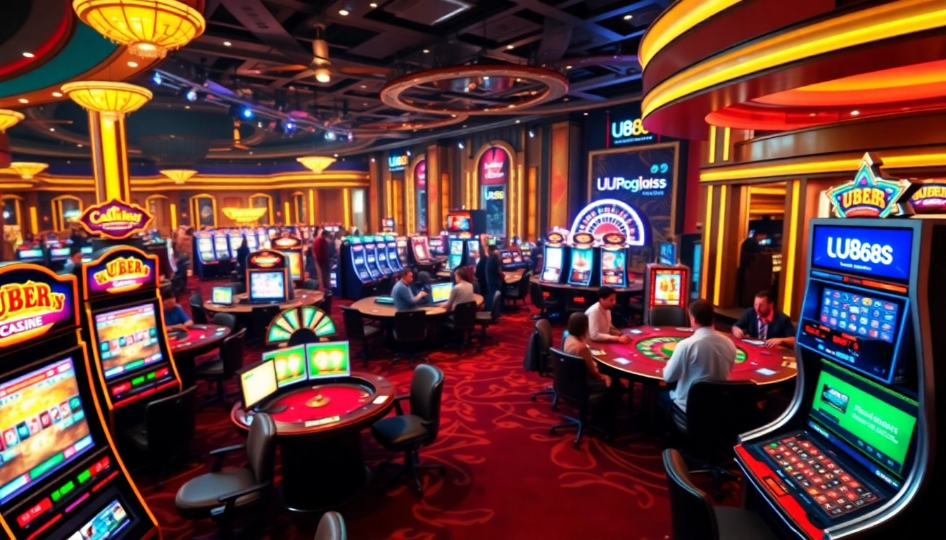 Experience the excitement of U888 with vibrant casino visuals featuring slot machines, poker tables, and a roulette wheel.