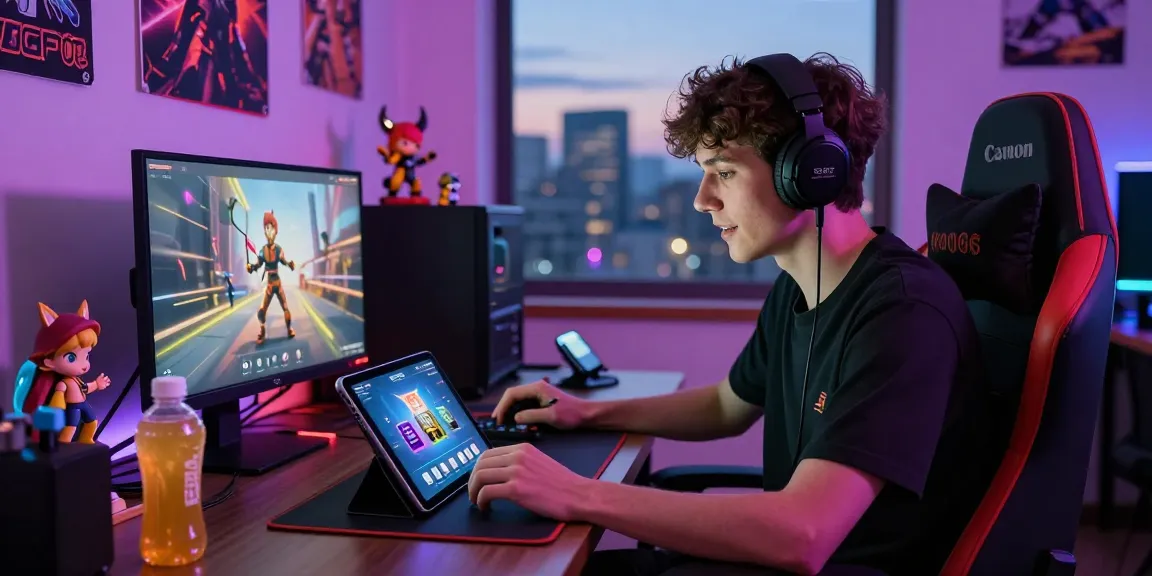 Engaged gamer using KO66 app with vibrant gaming setup in urban apartment.