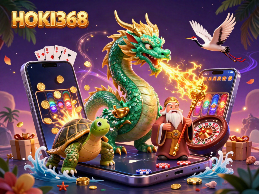 Experience thrilling gameplay with HOKI368 as the dragon and lucky cranes lead a dynamic scene of slot excitement.