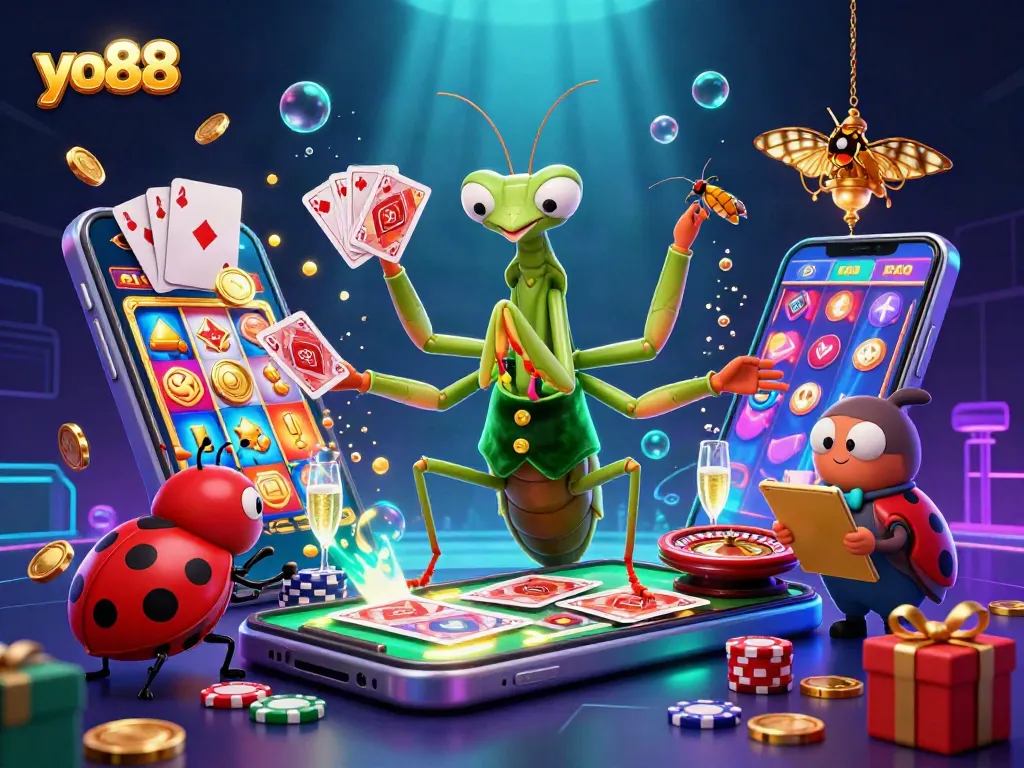 Experience the thrills of yo88 with a vibrant 3D casino illustration showcasing lively characters and games.