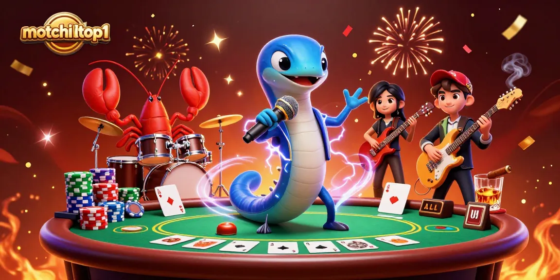 Experience the thrill of motchilltop1 as the DJ electric eel performs surrounded by vibrant casino elements.