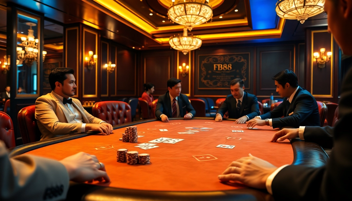 Engaged players at a luxurious FB88-branded poker table enjoying an exciting game in an upscale casino.