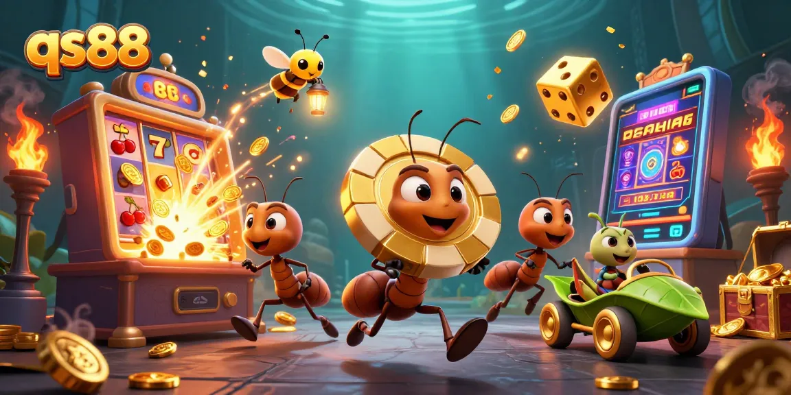 Experience an exciting QS88 casino adventure where ants carry a massive poker chip through a dynamic gaming tunnel.