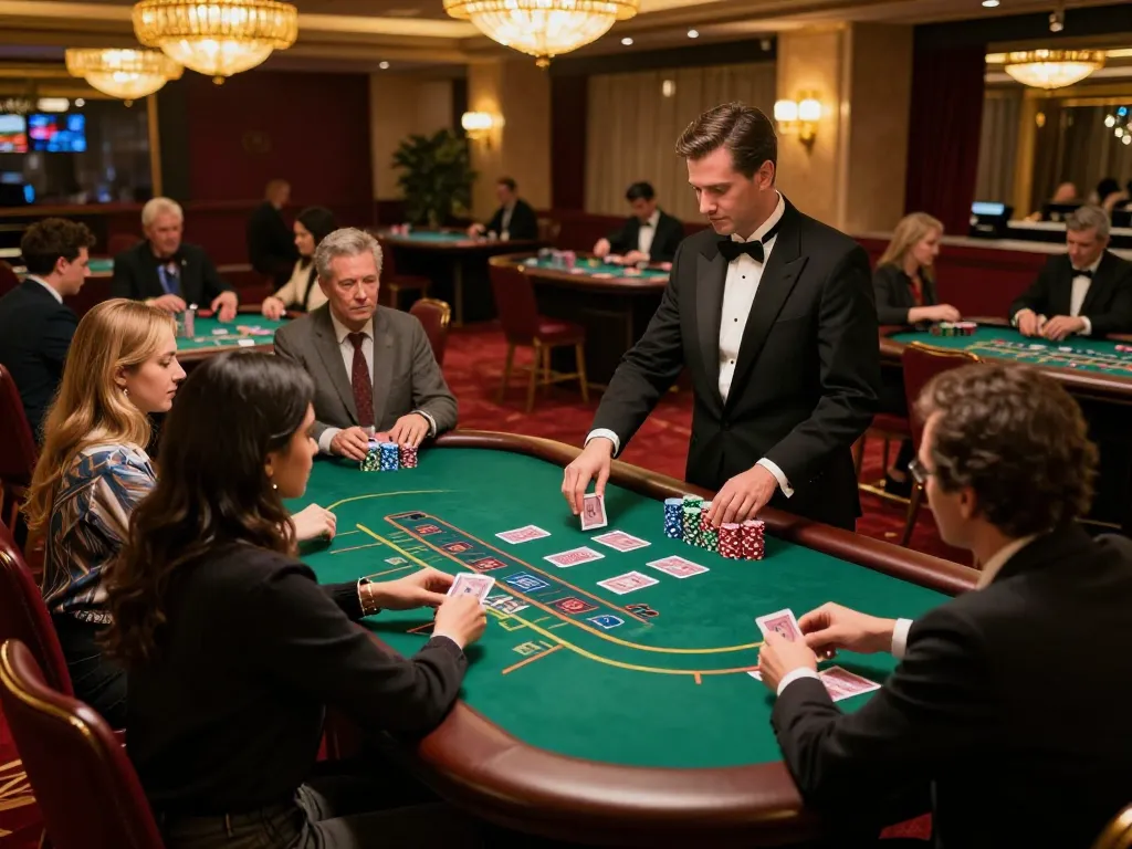 Freecuci365 players strategically betting at a blackjack table in an upscale casino environment, capturing the excitement of casino gaming.