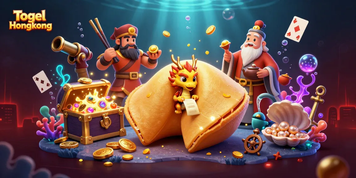 Engage with Togel Hongkong's exciting world featuring a golden fortune cookie and mystical elements.