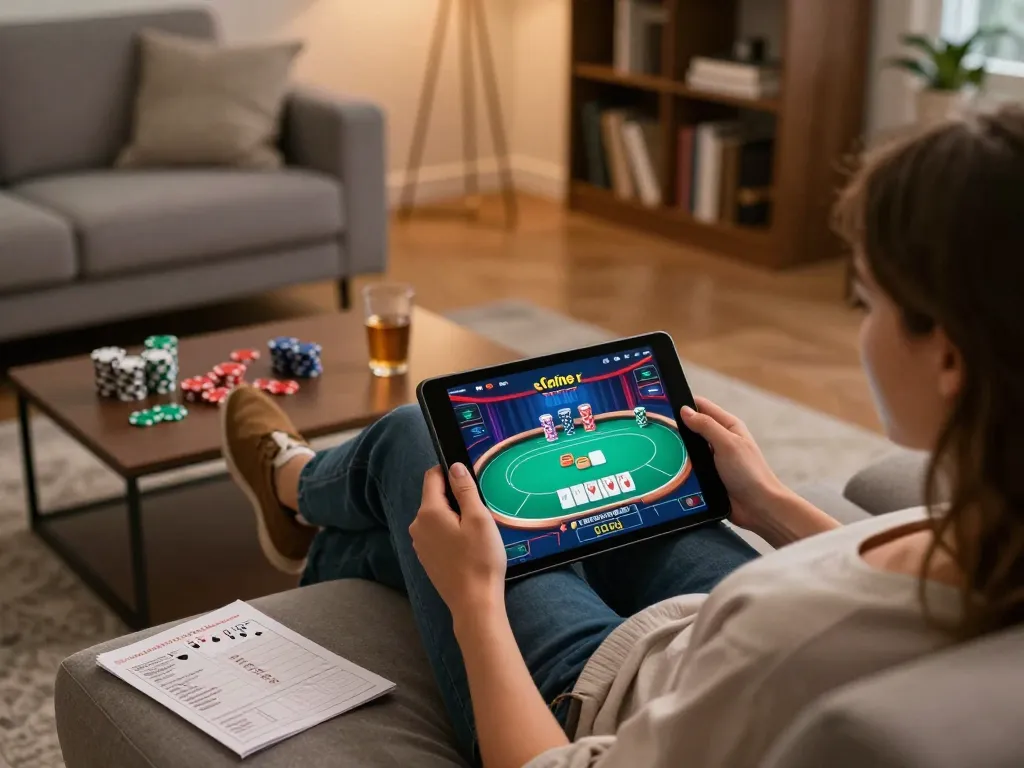 Player enjoying VA88 online poker game on tablet with strategy notes in a cozy home setting.