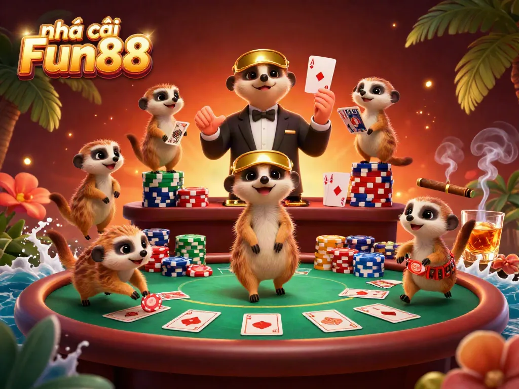 Experience the vibrant excitement at nhà cái Fun88 with meerkats operating a bustling casino.
