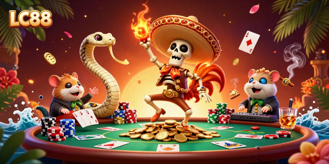 LC88 showcases a vibrant 3D casino scene featuring a festive skeleton rooster celebrating amidst poker gameplay.