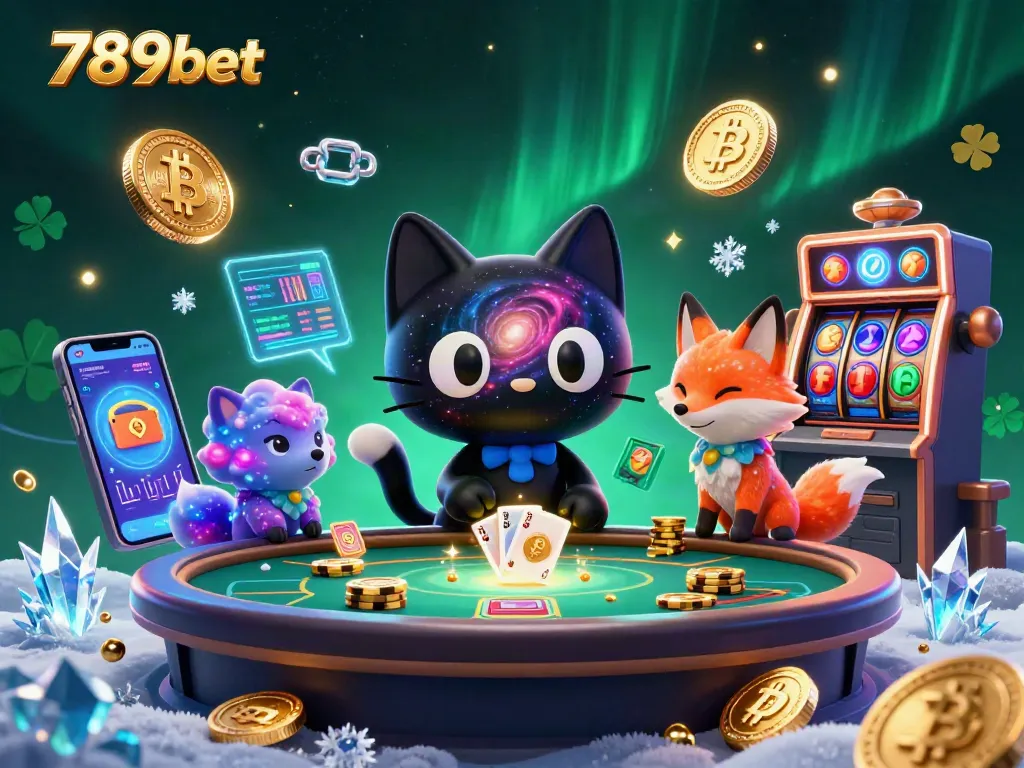 Engage with the vibrant 789bet themed cosmic casino, featuring a whimsical black hole cat and colorful fox.