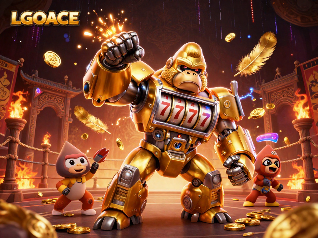 LGOACE gaming illustration featuring a golden gorilla mech with slot machine parts and vibrant casino elements.