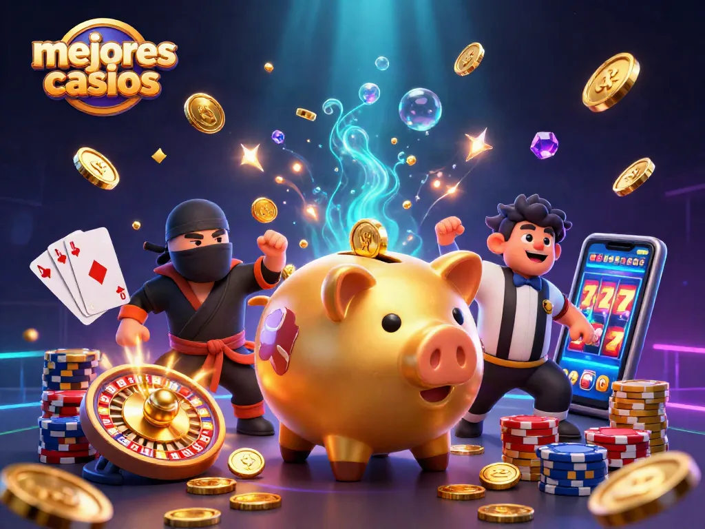 Los mejores casinos en una escena vibrante, con un luchador sumo dorado y monedas volando.
