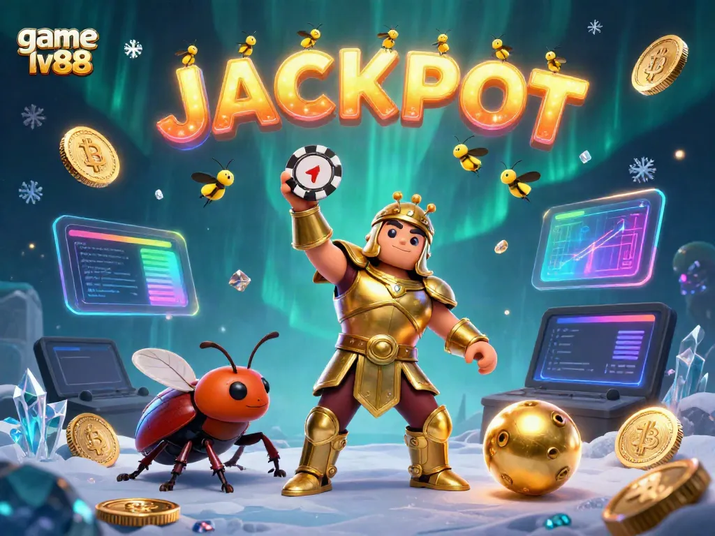 Experience the thrill of game lv88 with a jubilant hercules beetle in golden armor lifting a poker chip amidst a vibrant casino backdrop.