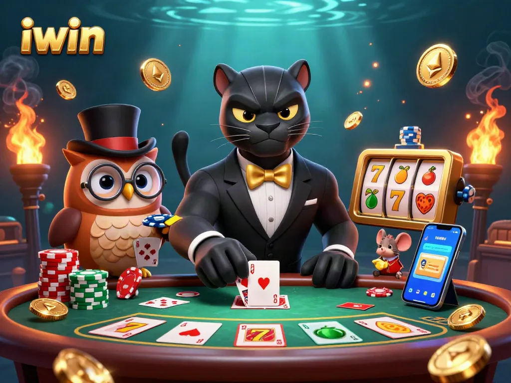 Join the iwin excitement with our stylish panther dealer, poker owl, and lucky mouse amidst casino elements.