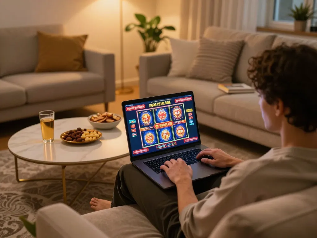 Engaging in an online casino session with da88gg on a laptop, cozy home atmosphere, betting options visible