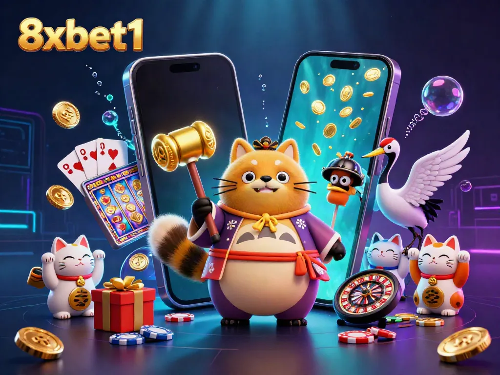 Experience thrilling gameplay at 8xbet1 with our 3D cartoon scene featuring joyful characters and dynamic casino elements.