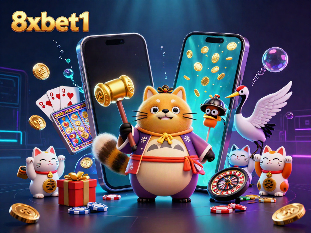 Experience thrilling gameplay at 8xbet1 with our 3D cartoon scene featuring joyful characters and dynamic casino elements.