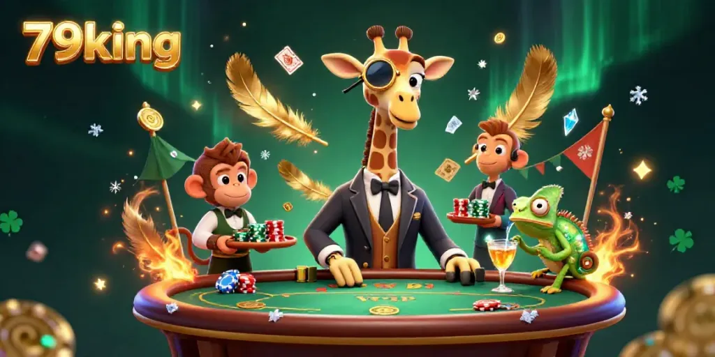 79king giraffe and monkey valet celebrating wins at a vibrant casino poker table