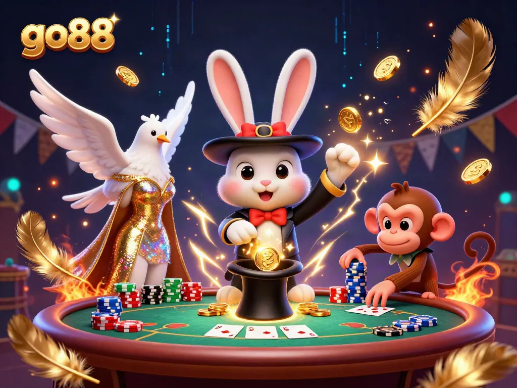 Engage with go88's thrilling casino experience featuring a magician rabbit, dove, and monkey amidst dazzling poker elements.