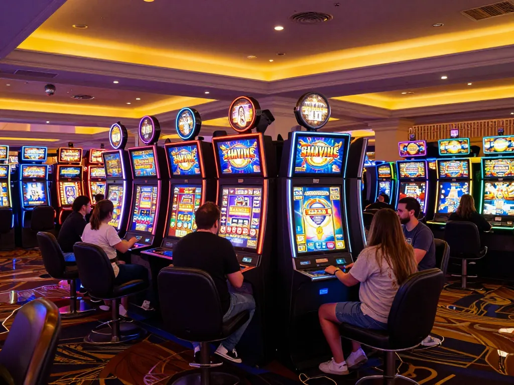 Pemain menikmati mesin slot paris di tengah cahaya kasino yang cerah di Paris Las Vegas.
